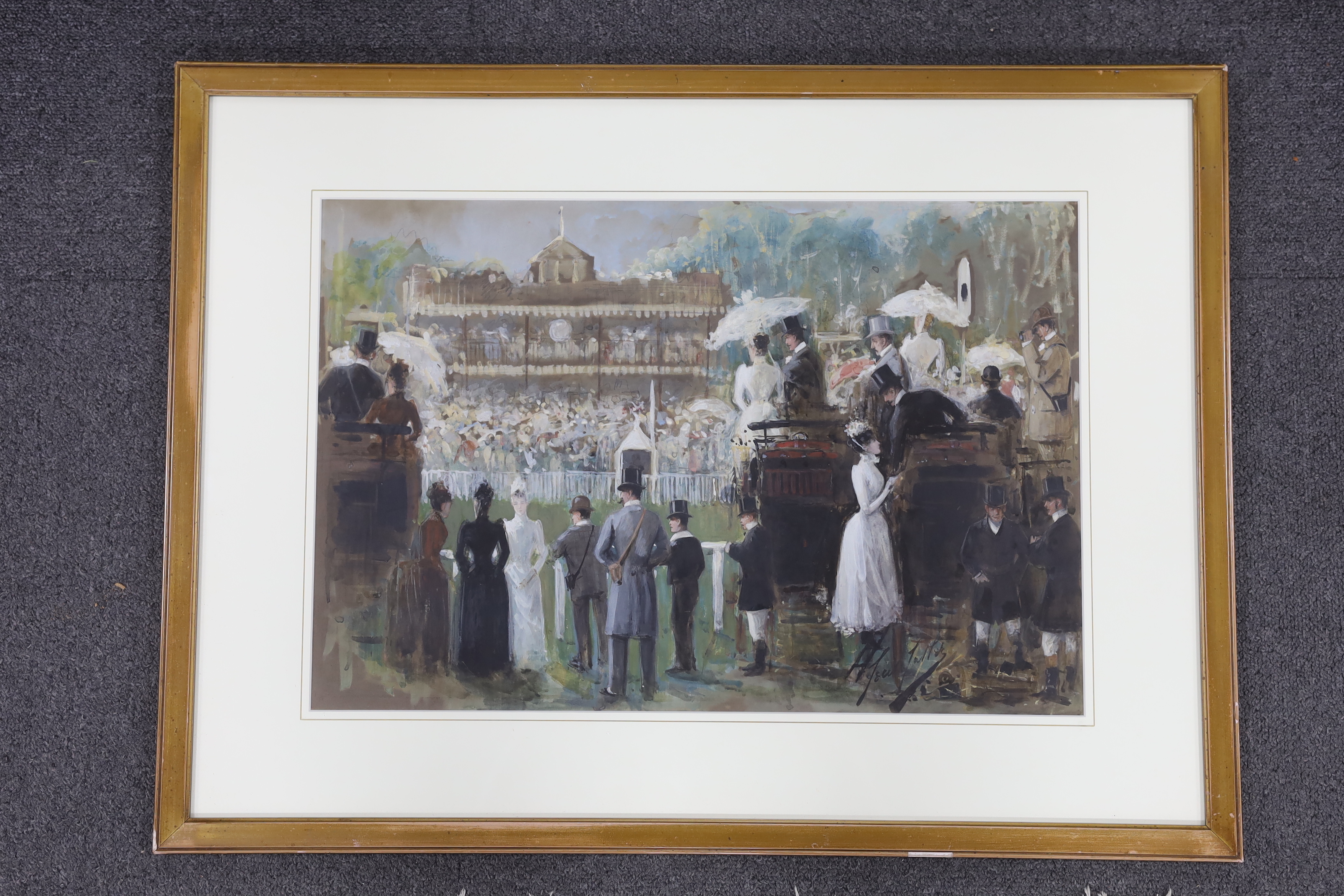 Cecil E.L. Cutler (1886-1934), watercolour and gouache, 'Race meeting, Sandown Park', signed, 35 x 52cm